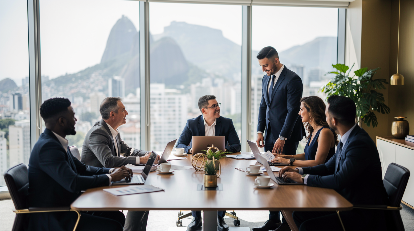 Reunião de assessoria empresarial em um escritório moderno com vista para o Rio de Janeiro